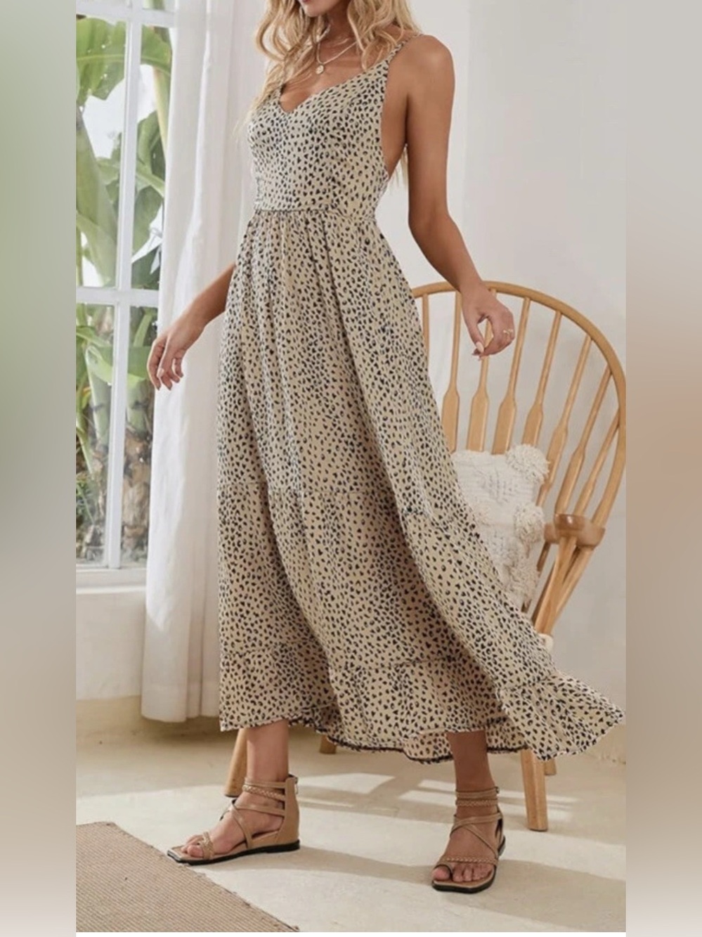 Cupshe Womens V Neck Leopard Adjustable Lace Up Backless Maxi Ruffle Hem Dress M